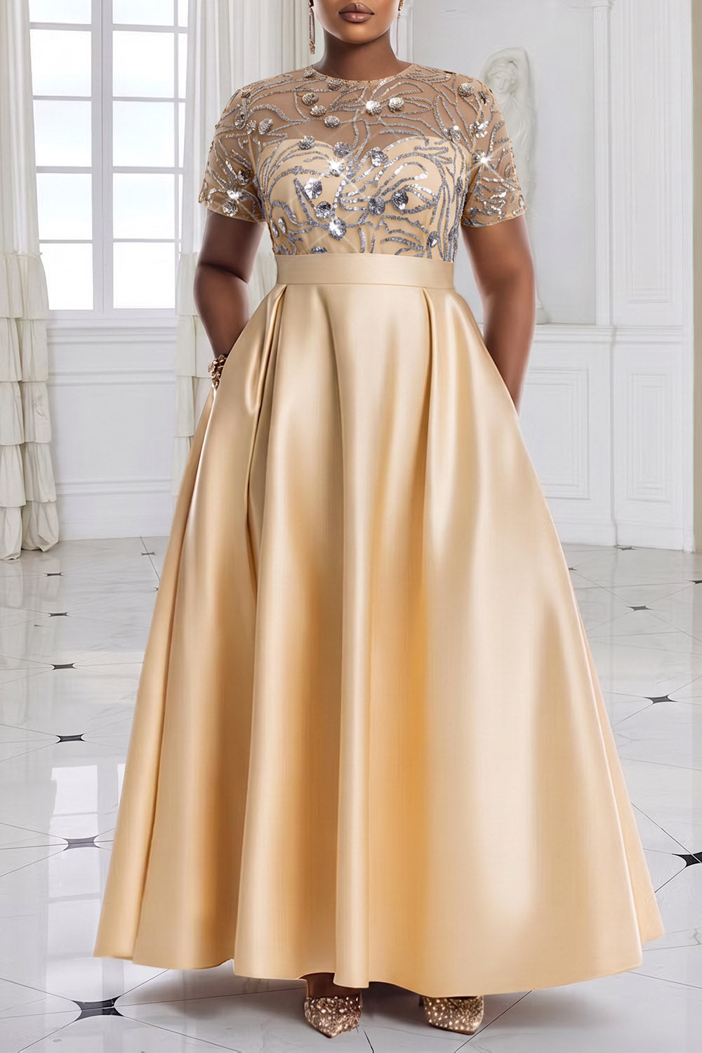 Elegant Sequin Champagne Round Neck Short Sleeve Pocket Sequin Satin Maxi Dresses