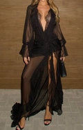Black Sheer Chiffon Plunge Neck Maxi Dress with Lace Trim