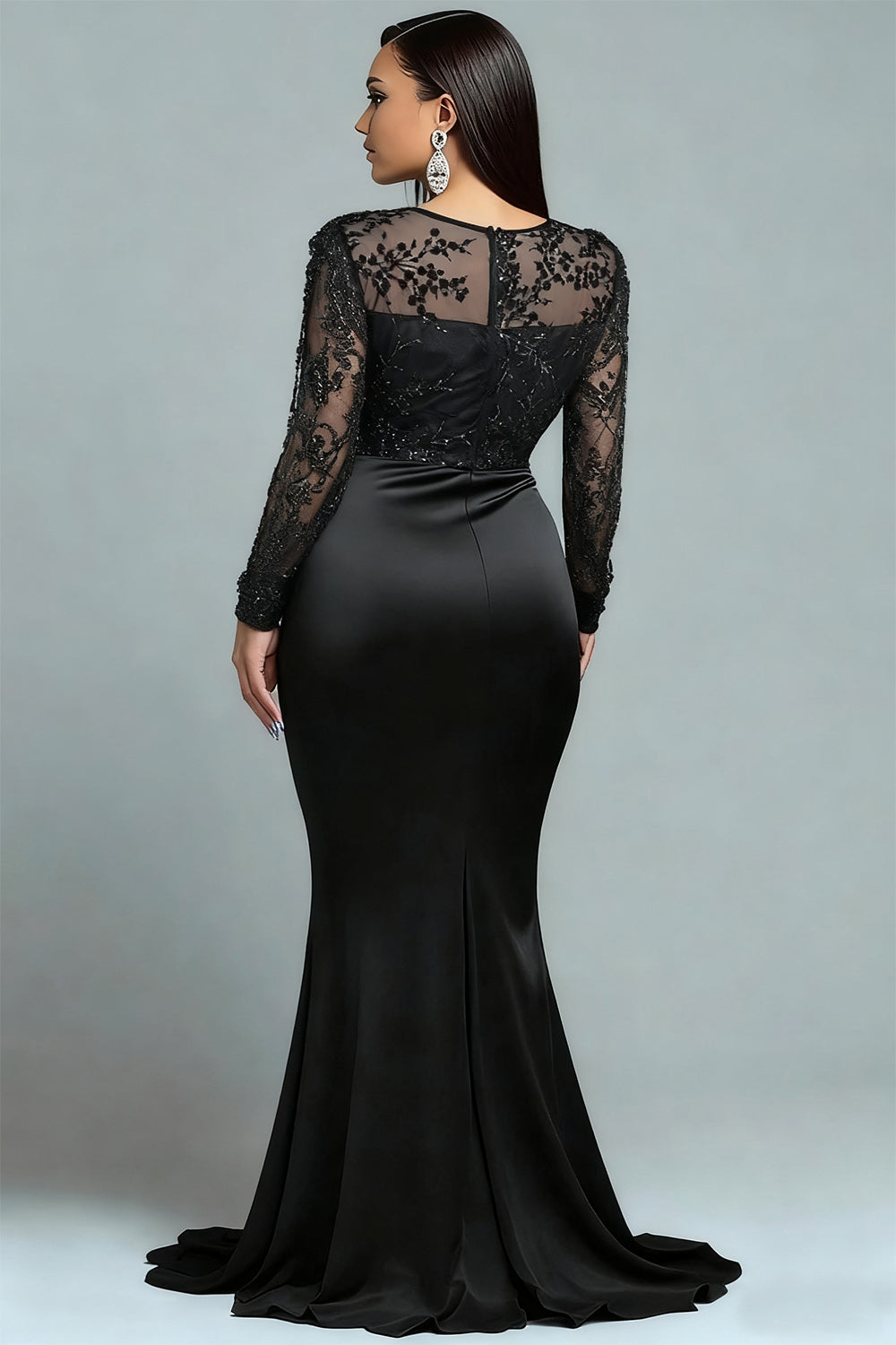 Sequin Black Round Neck Puff Sleeve Long Sleeve Mermaid Elegant See Through Satin Maxi Dresses
