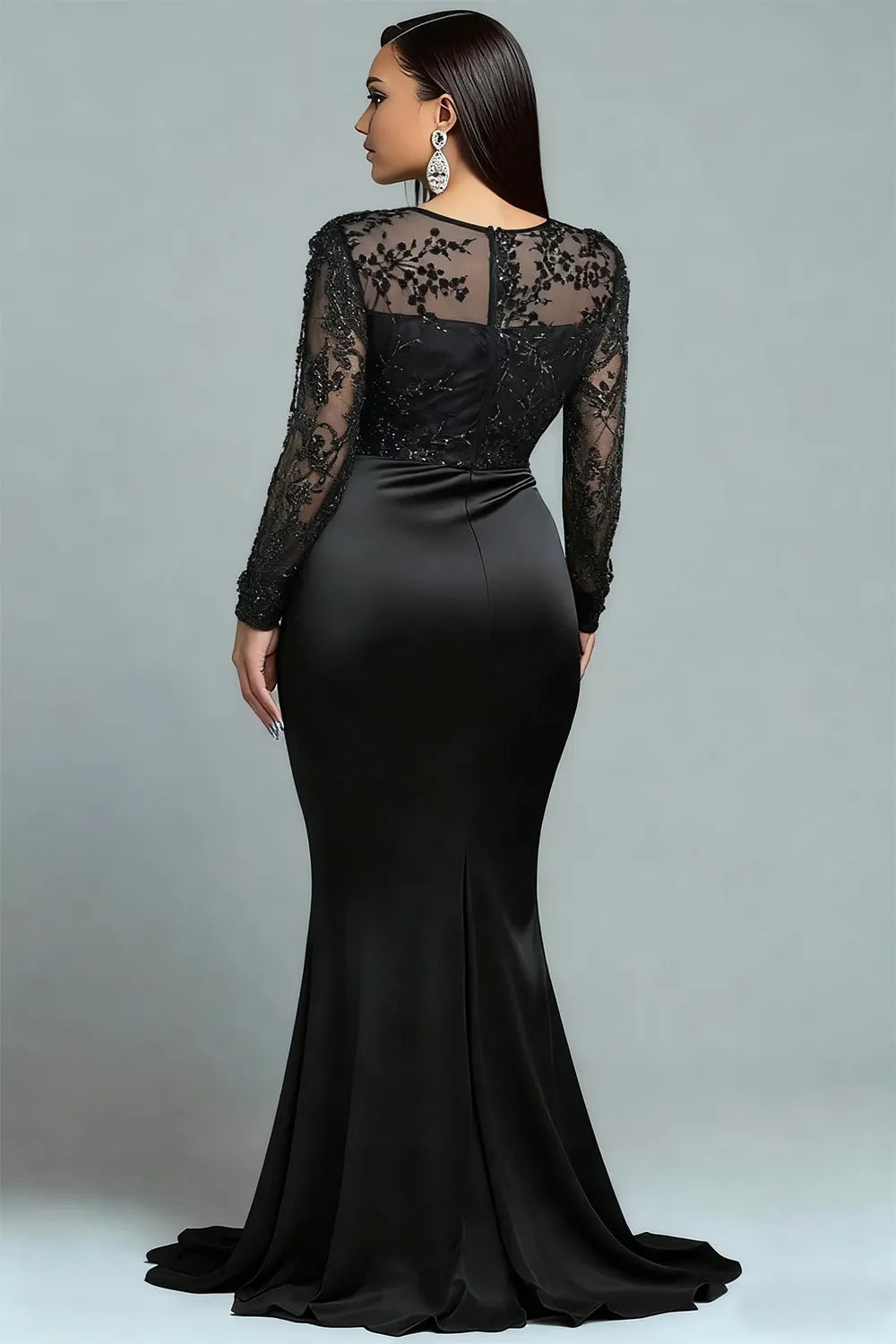 Sequin Black Round Neck Puff Sleeve Long Sleeve Mermaid Elegant See Through Satin Maxi Dresses