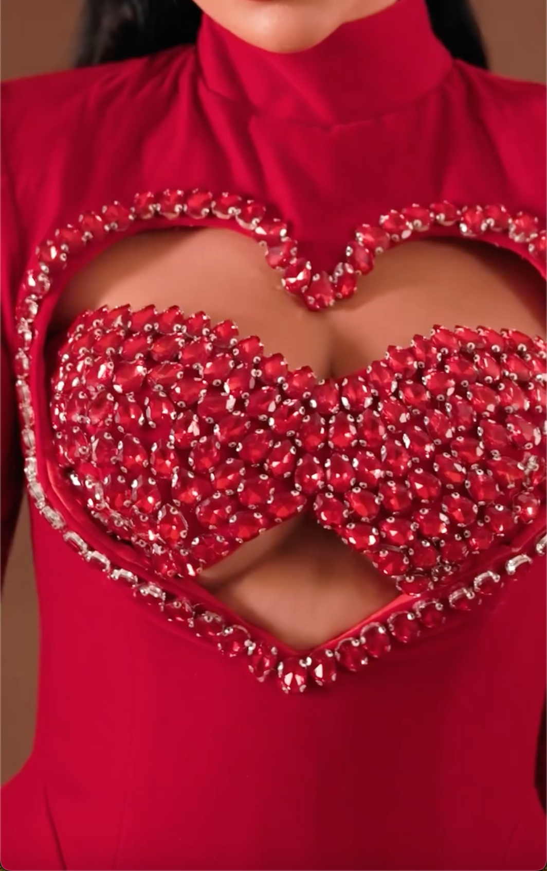 Red Beaded Heart Cutout High Neck Mini Dress