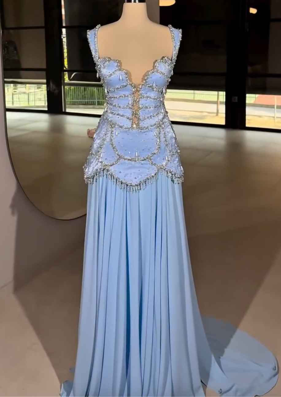 Sky Blue Spaghetti Strap Maxi Dress with Crystal Beading & Teardrop Embellishments