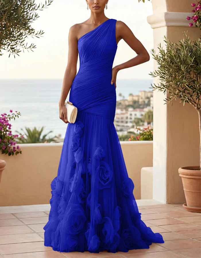 Solid Color One Shoulder 3D Floral Mesh Fishtail Maxi Dress