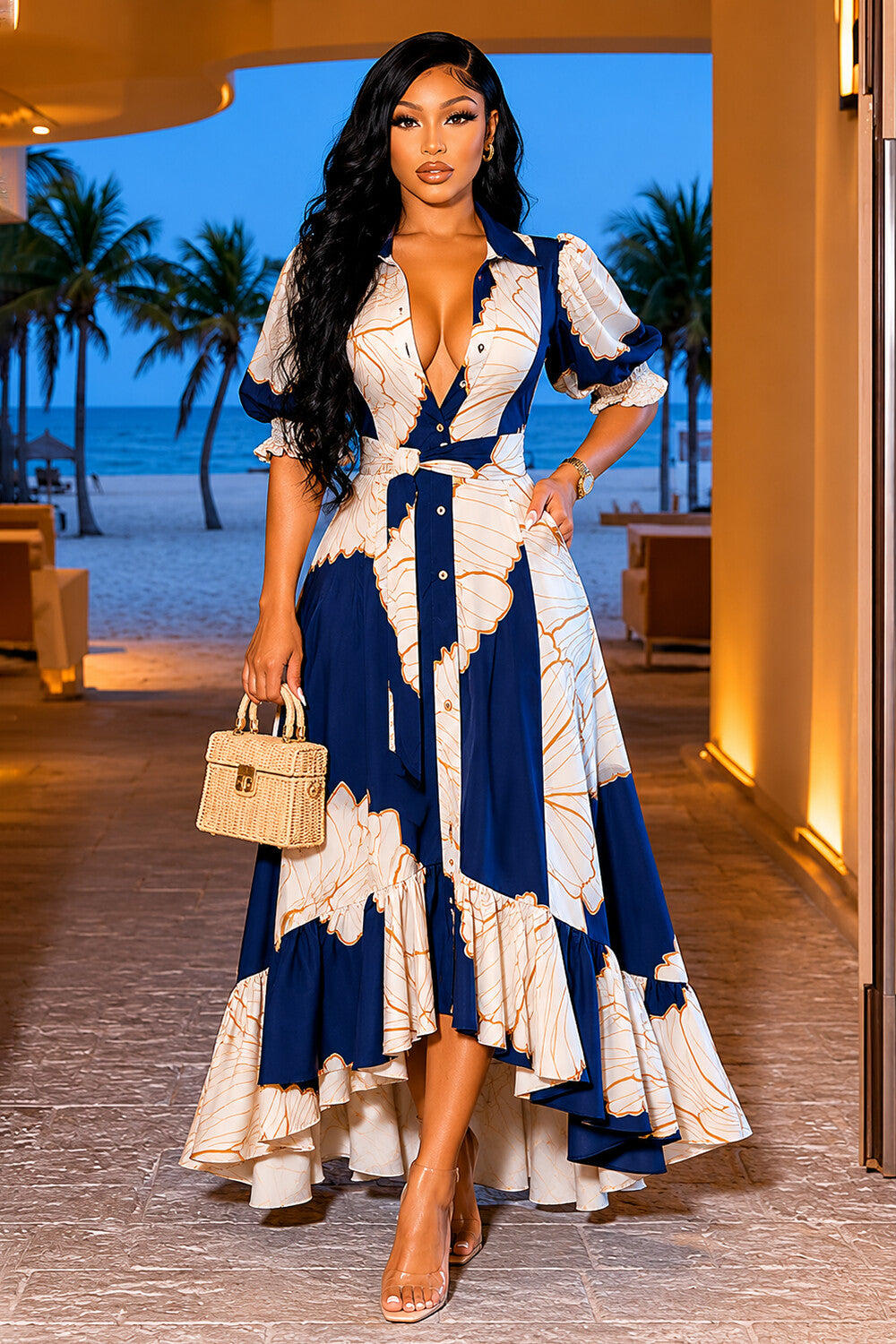 Turndown Collar Puff Sleeve Floral A-Line Casual Maxi Dresses-Multicolor