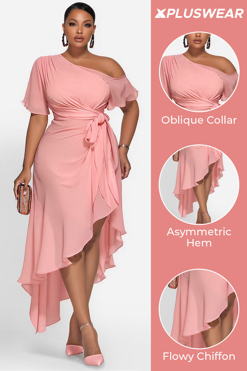 Cocktail Party Elegant Pink Oblique Collar Short Sleeve Ruffle Wrap Chiffon Midi Dresses