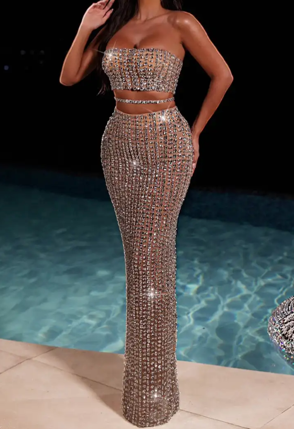 Champagne Nude Rhinestone Strapless Crop Top and Maxi Skirt Set