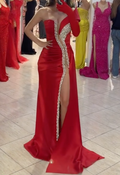 Glamorous Red Satin One-Shoulder Gown with Crystal Beaded High Slit