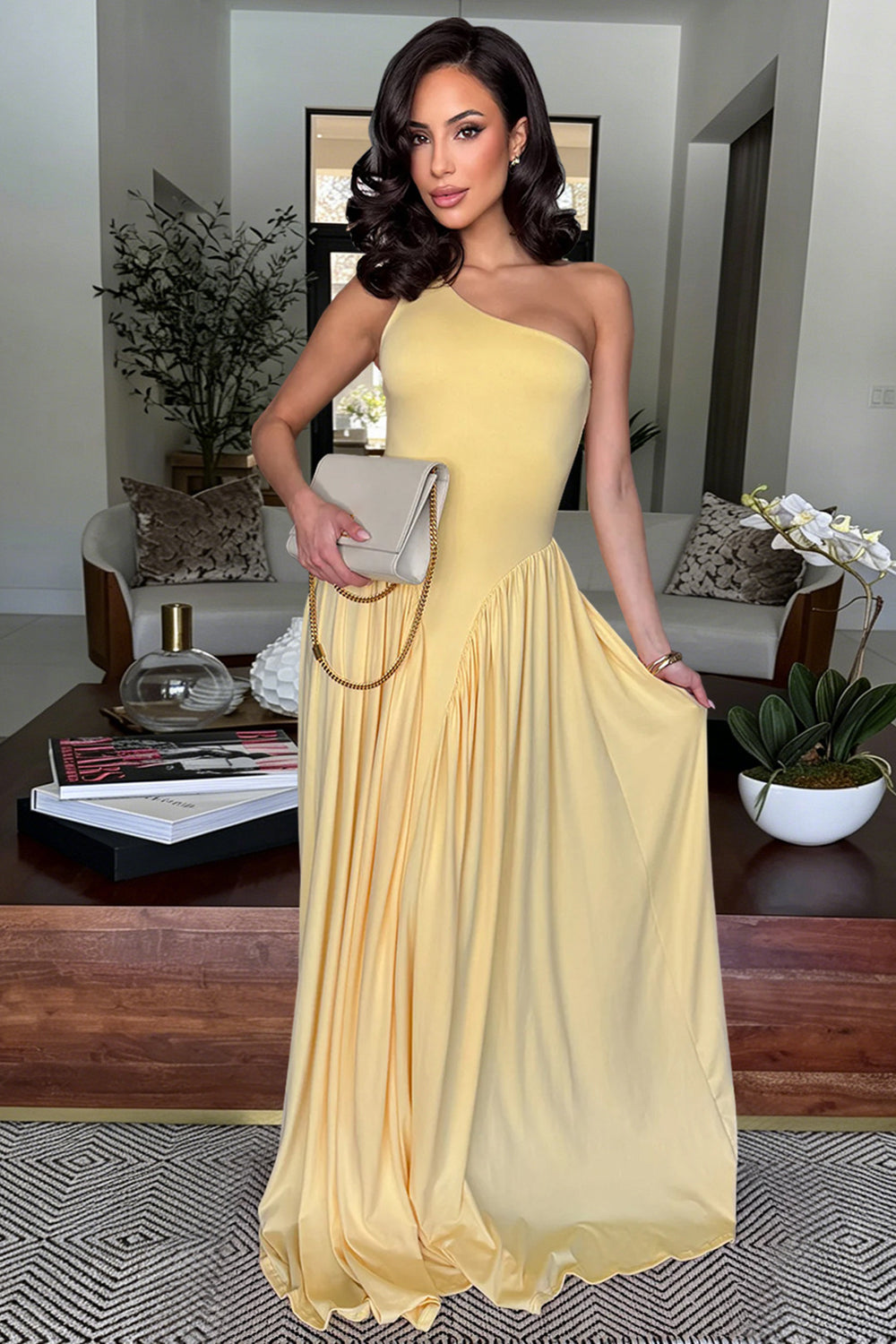 One Shoulder Cinch Waist Slim Fit Solid Color Maxi Dresses-Yellow