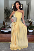 One Shoulder Cinch Waist Slim Fit Solid Color Maxi Dresses-Yellow
