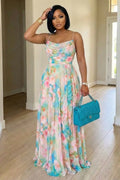 Spaghetti Strap Cinch Waist Floral Print Maxi Dresses-Multicolor