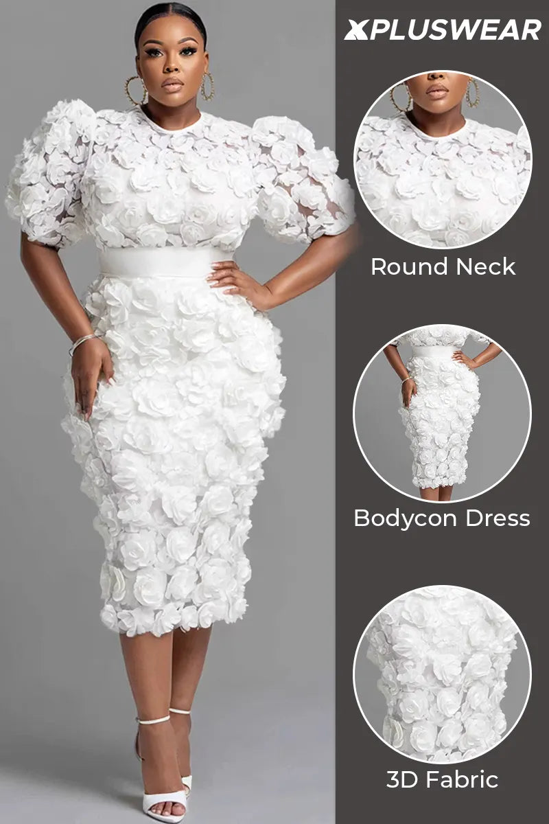 Cocktail Party White Round Neck Short Sleeve 3D Bodycon Two Piece Skirt Sets