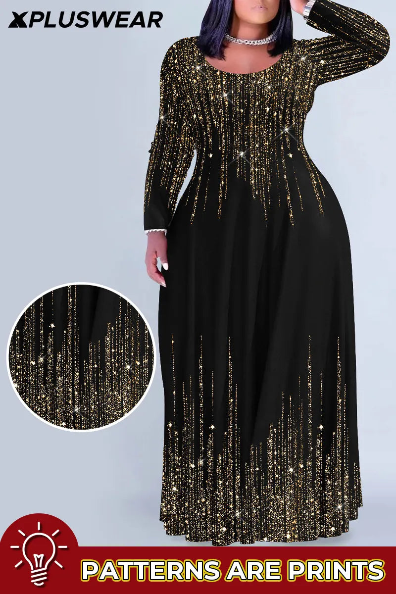 Christmas Black Gradient Round Neck Long Sleeve Maxi Dresses