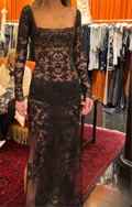 Black Sheer Sequin Lace Long Sleeve Maxi Dress with Square Neck & Low Back