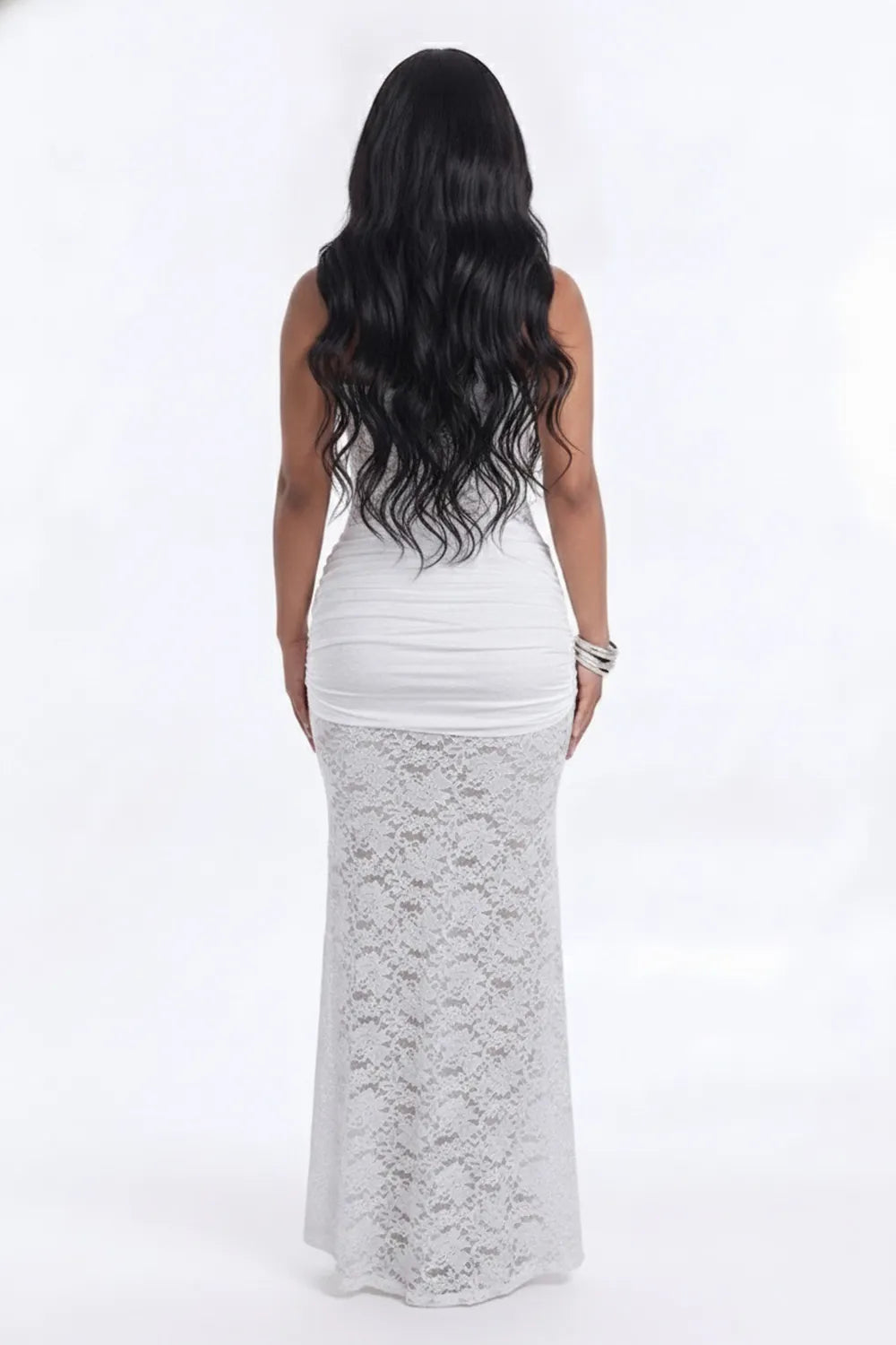 One Shoulder Floral Lace Knotted Sash Slim Fit Gowns Maxi Dresses-White