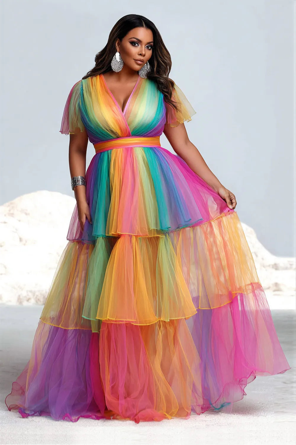 Vacation Boho Rainbow Gradient Wrap Neck Short Sleeve Ruffle Tiered Tulle Maxi Dresses
