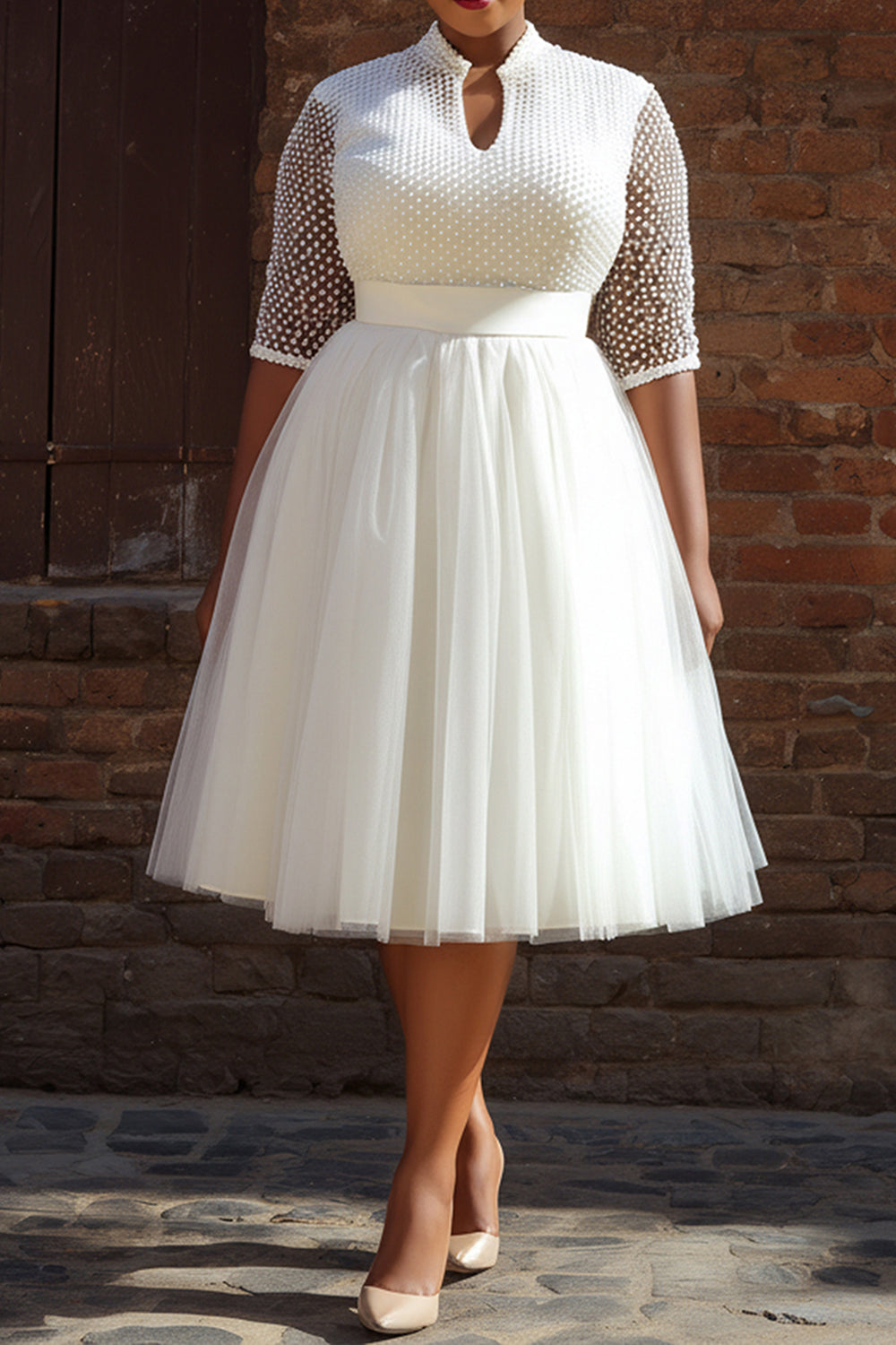 Wedding White Round Neck Short Sleeve See Through Tulle Midi Dresses