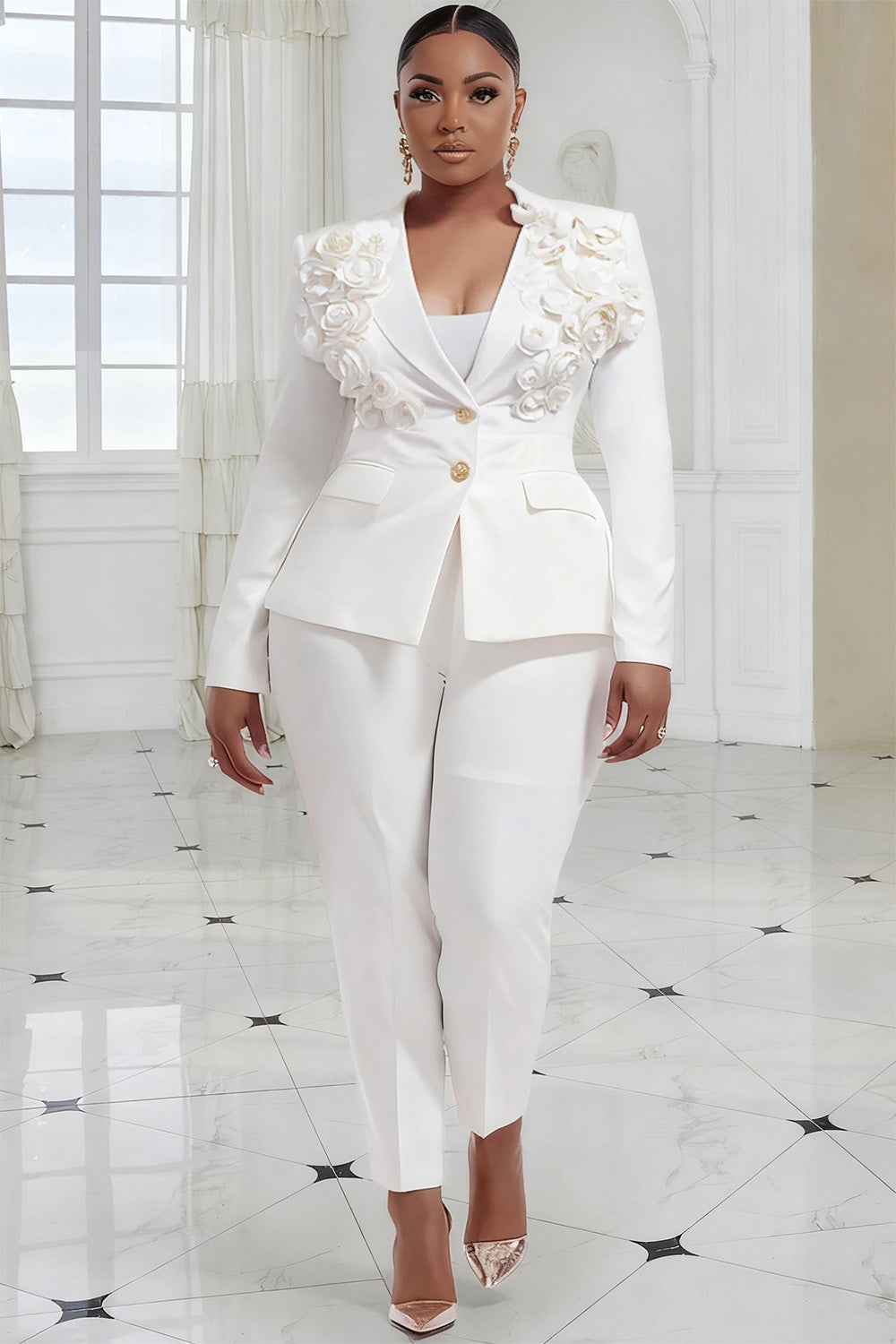 White Turndown Collar Long Sleeve 3D Elegant Pocket Two Piece Pant Suits