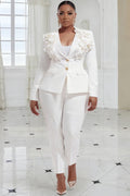White Turndown Collar Long Sleeve 3D Elegant Pocket Two Piece Pant Suits