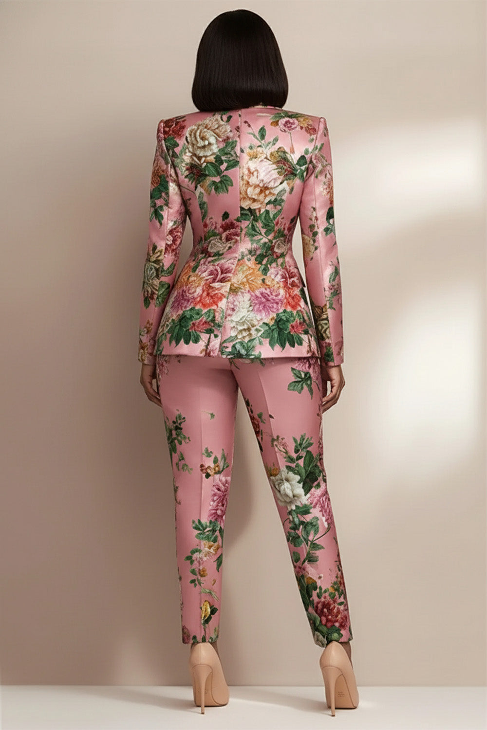 Business Casual Pink Floral Lapel Collar Long Sleeve Pocket Satin Two Piece Pant Suits