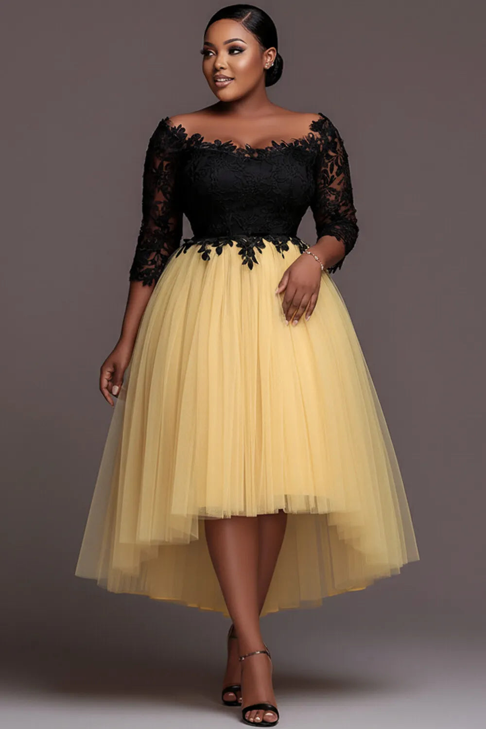 Cocktail Party Lace Yellow Colorblock Round Neck 3/4 Sleeve High Low Hem Tulle Midi Dresses