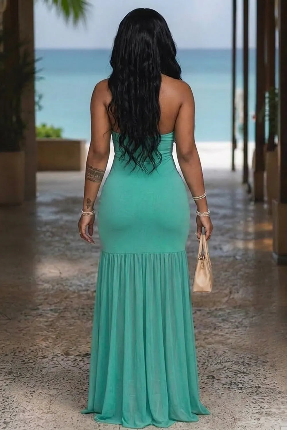 Halter Deep V Neck Mesh Patchwork Bodycon Gowns Maxi Dresses-Turquoise