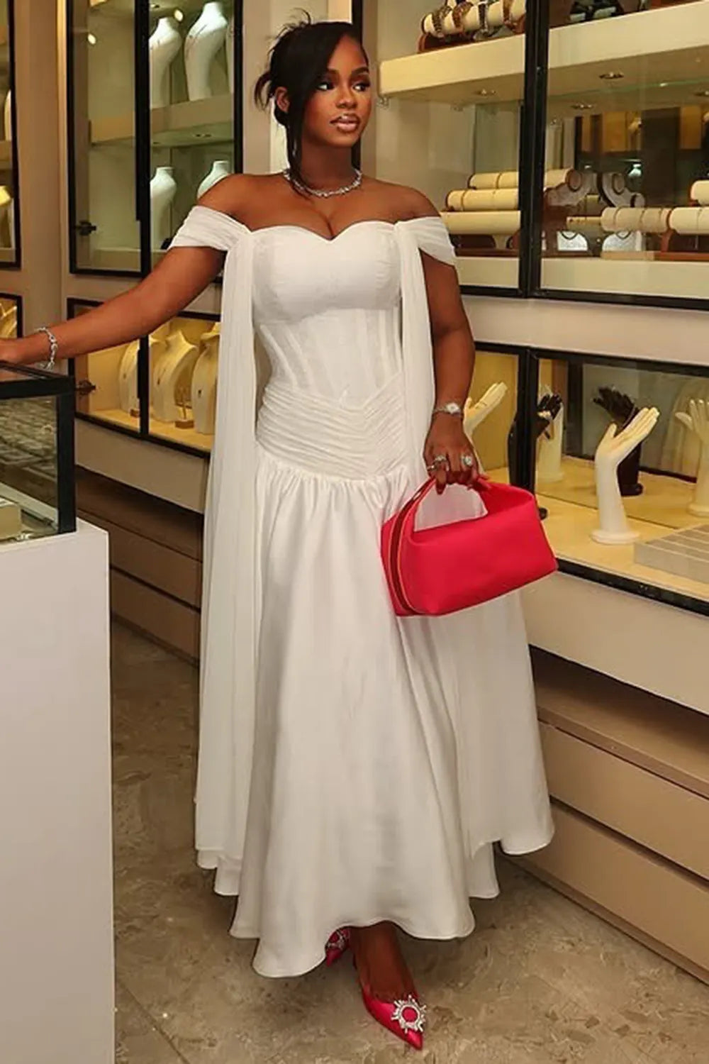 Off Shoulder Corset Front Sash Evening Gowns Maxi Dresses-White [Pre Order]