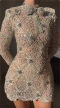 Nude Rhinestone Floral Lace High Neck Long Sleeve Mini Dress
