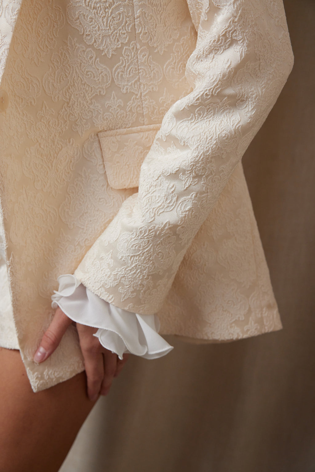 Ivory Jacquard Blazer & Shorts Set with Lace Chiffon Blouse