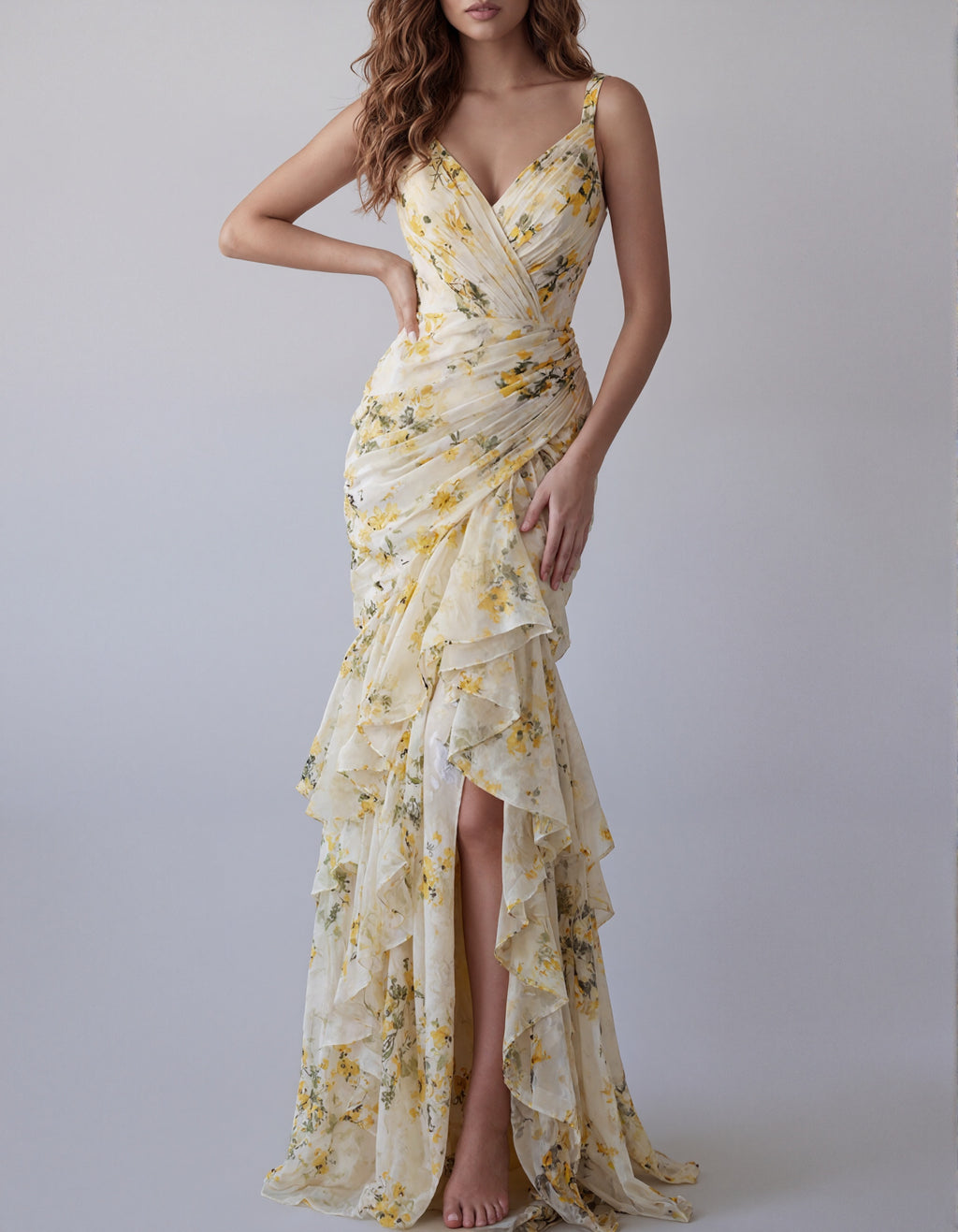 Yellow Floral V-Neck Chiffon Tiered Mermaid Maxi Dress