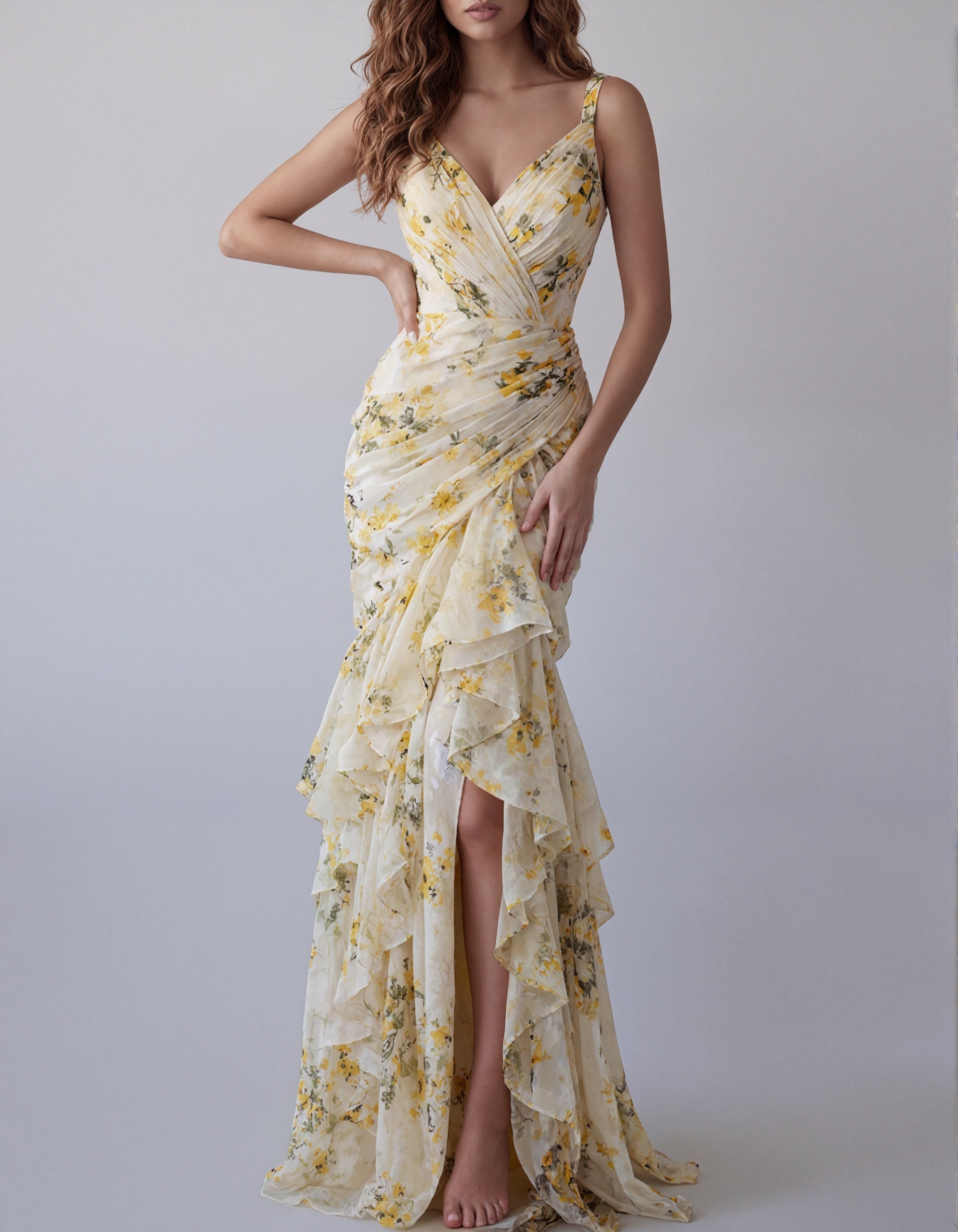 Yellow Floral V-Neck Chiffon Tiered Mermaid Maxi Dress