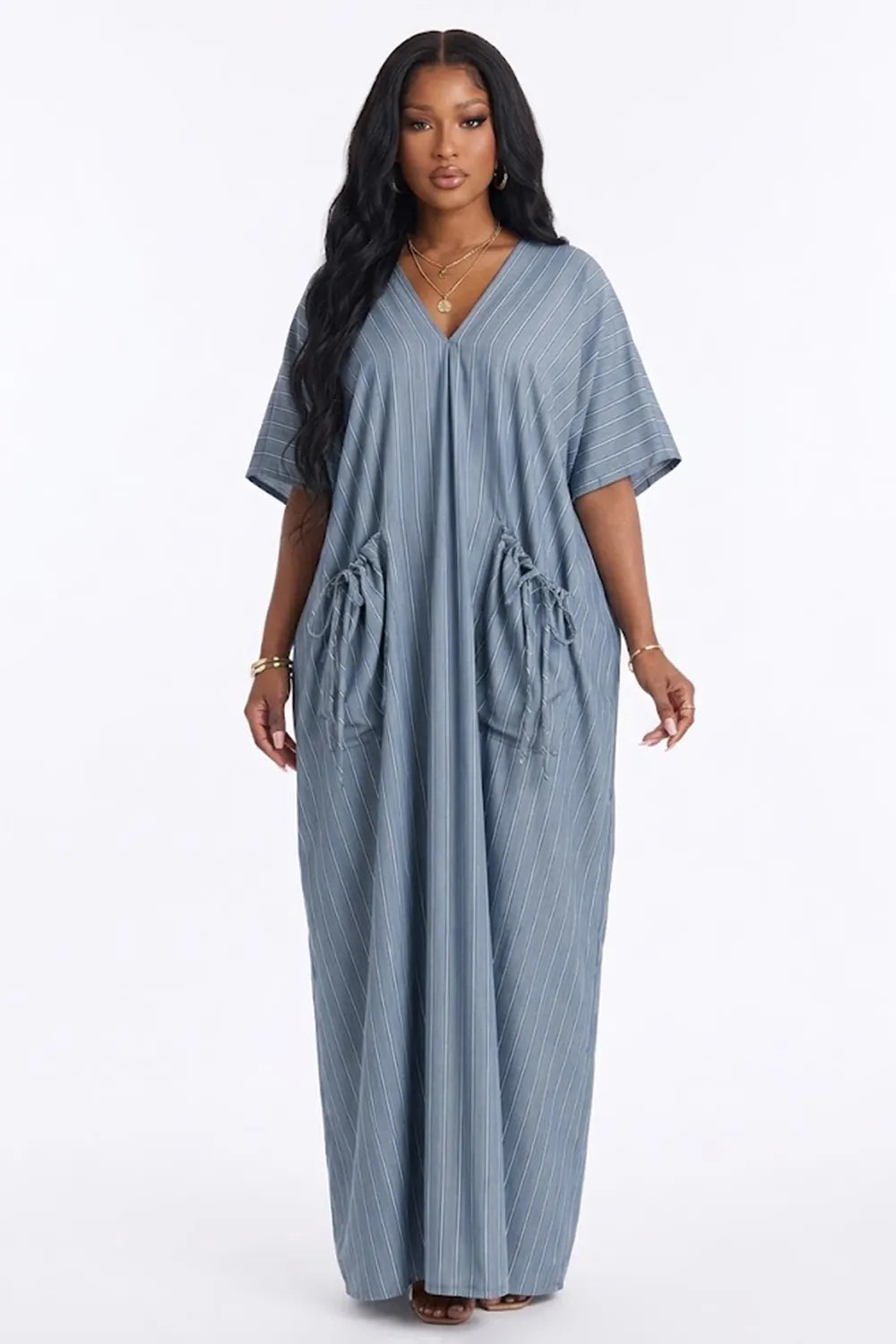 Striped Print V Neck Short Sleeve Loose Fit Vacation Maxi Dresses-Blue