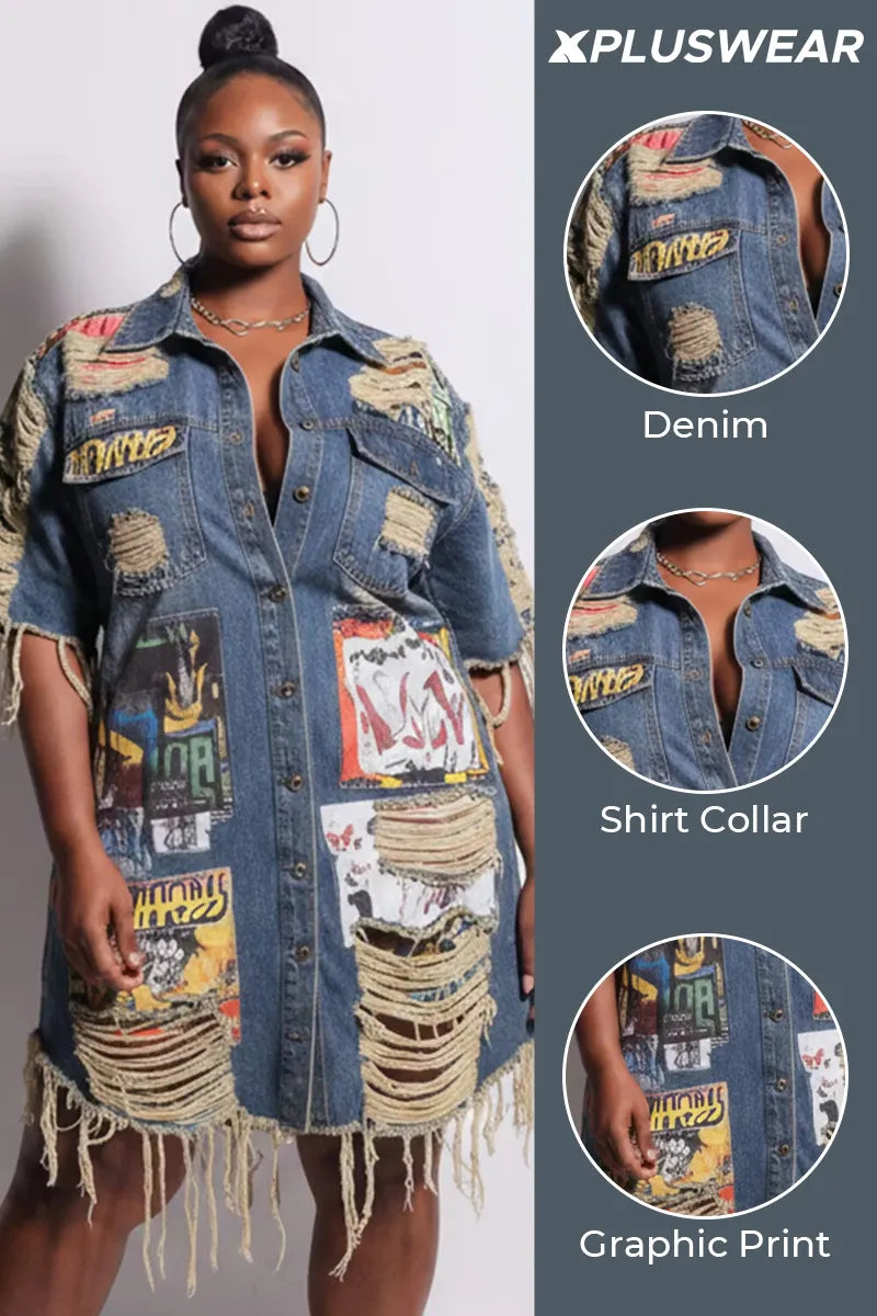 Xpluswear Design Plus Size Party Blue Graphic Shirt Collar Short Sleeve Distressed Denim Mini Dresses