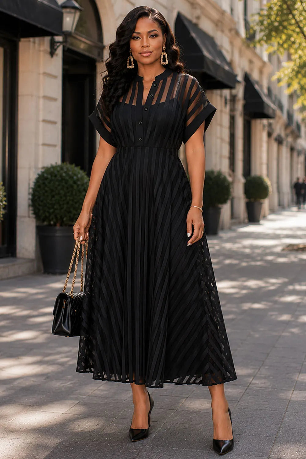 Business Casual Black Shirt Collar Short Sleeve See Through Button Midi Dresses