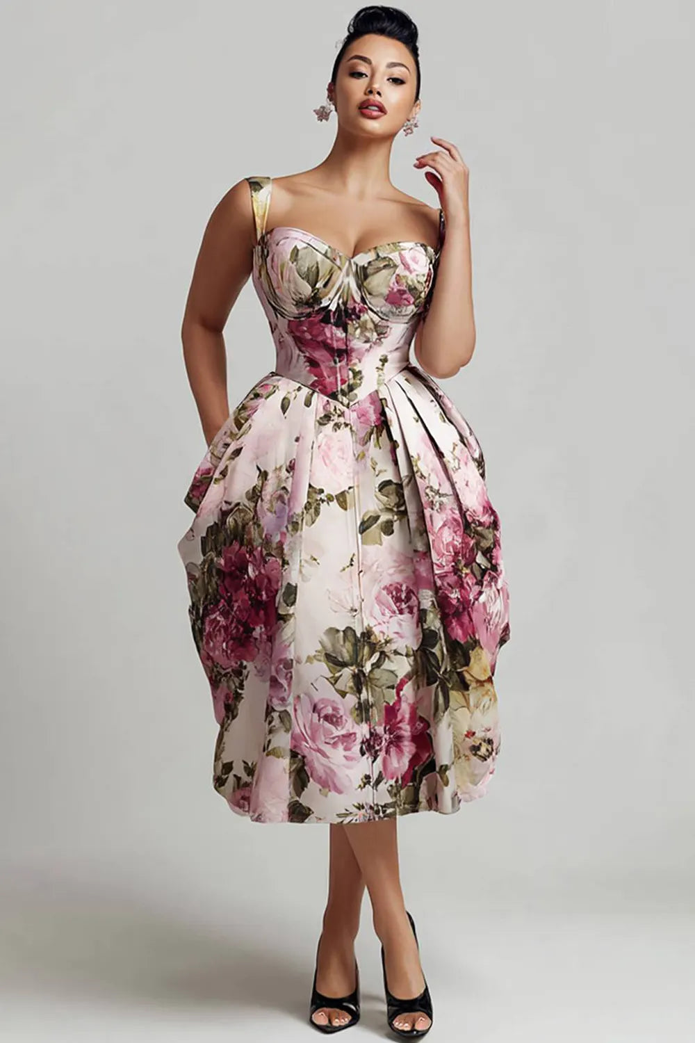 Cocktail Party Pink Floral Sweetheart Neck Pleated Pocket Satin Midi Dresses