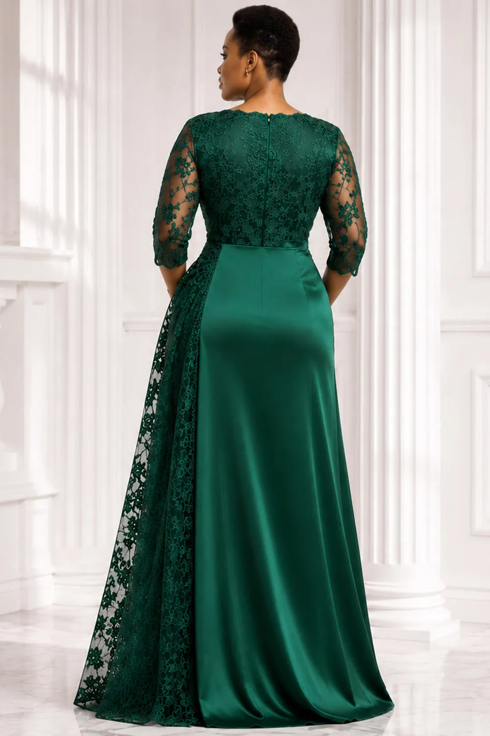 Satin Emerald Green V Neck 3/4 Sleeve Split Contrast Lace Maxi Dresses [Pre-Order]