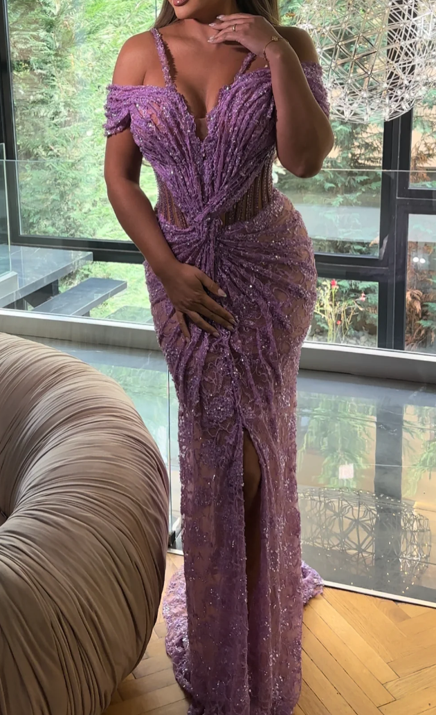 Amethyst/Black Off-the-Shoulder Halter Maxi Dress with Ruched Detail & High Slit