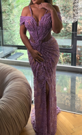 Amethyst/Black Off-the-Shoulder Halter Maxi Dress with Ruched Detail & High Slit
