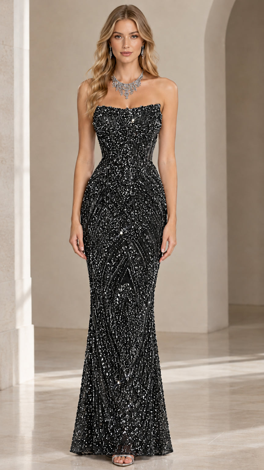 Strapless Beaded Sequin Mermaid Evening Gown
