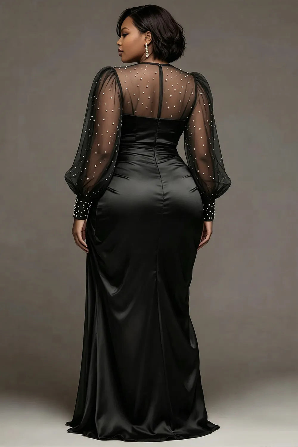 Wedding Tulle White Round Neck Puff Sleeve Long Sleeve See Through Pearls Satin Maxi Dresses