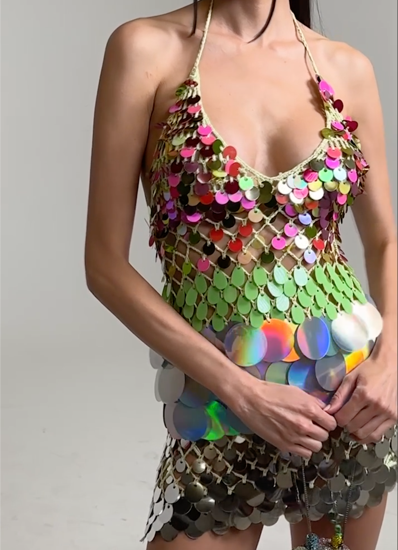 Multicolor Gradient Sequin Disc Halter Mini Dress with Backless Tie