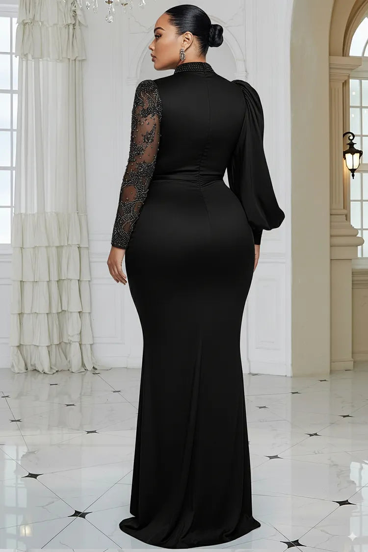 Blue Mock Neck Lantern Sleeve Long Sleeve Drilling Elegant See Through Tulle Satin Maxi Dresses