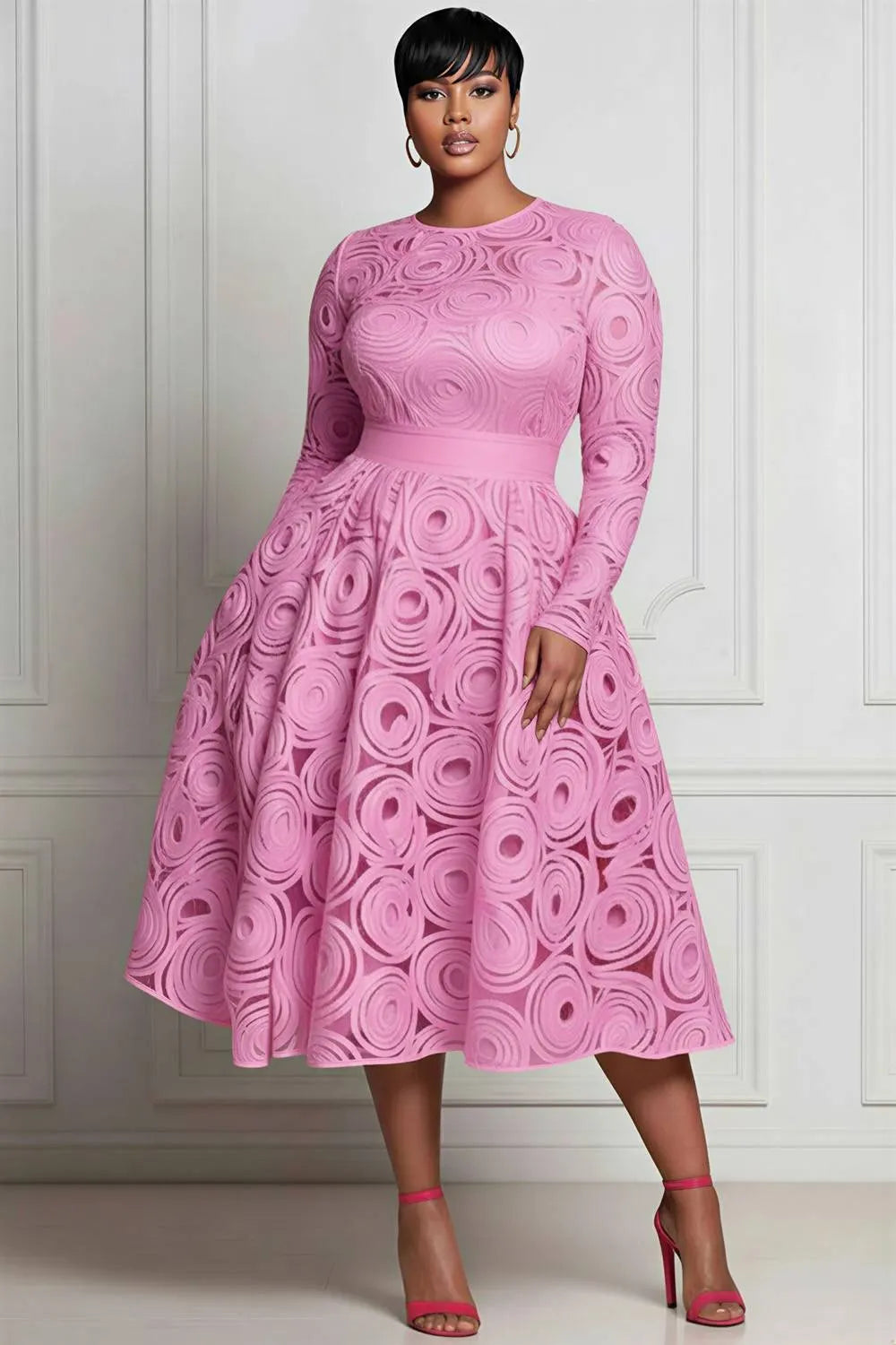 Red All Over Print Round Neck Long Sleeve Pocket Elegant Satin Midi Dresses