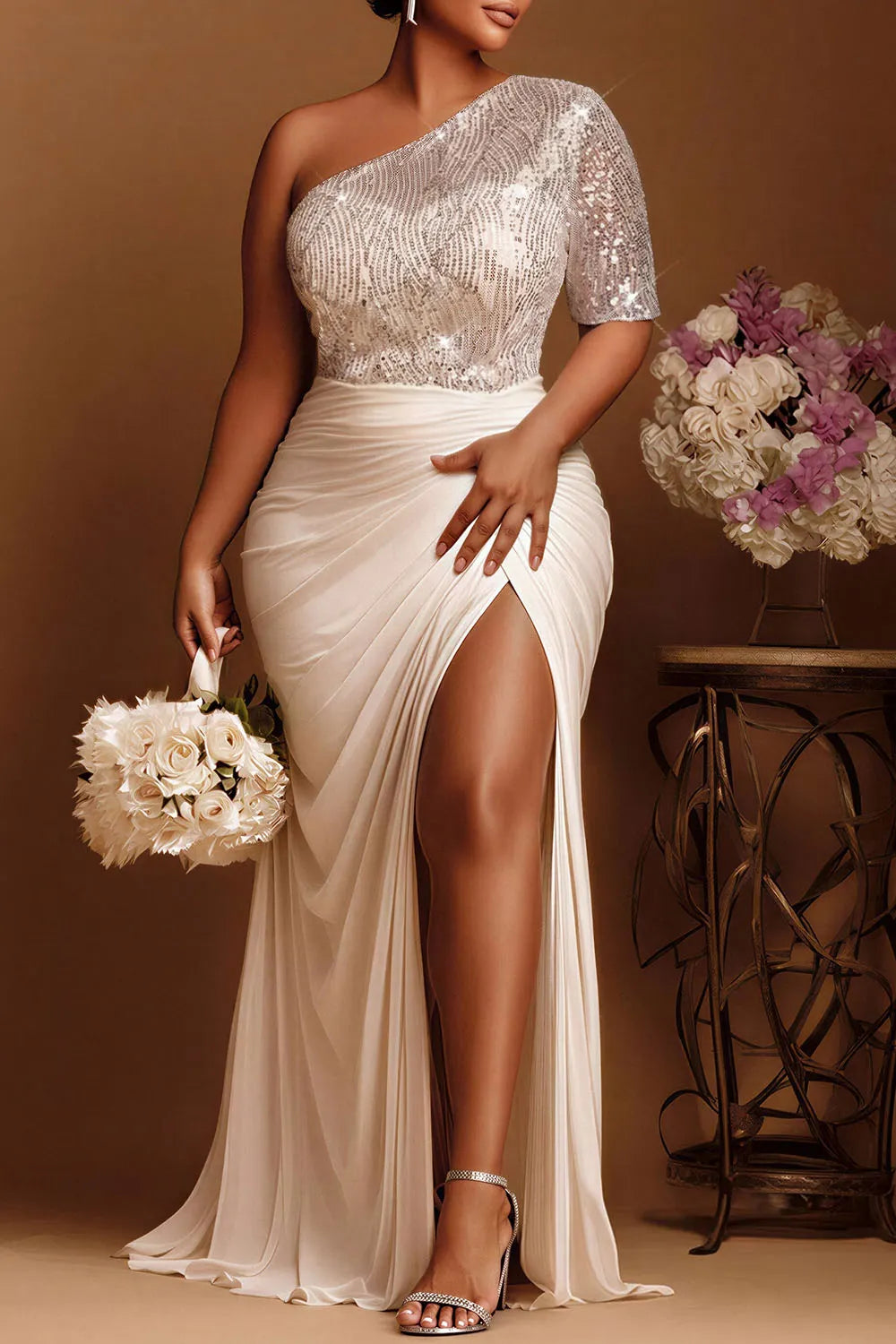 Wedding Ivory One Shoulder Split Drilling Satin Maxi Dresses