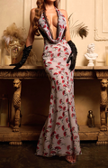 Polka Dot & Rose Print Halter Backless Maxi Dress