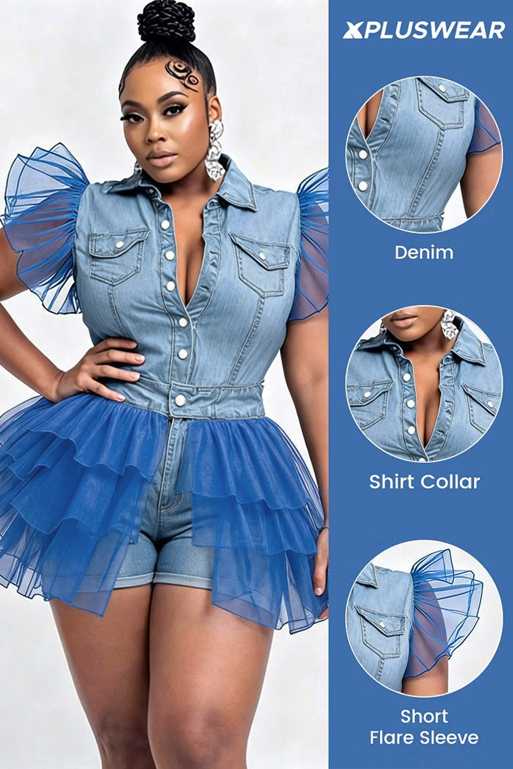 Xpluswear Design Plus Size Party Light Blue Shirt Collar Short Sleeve Contrast Ruffle Denim Rompers