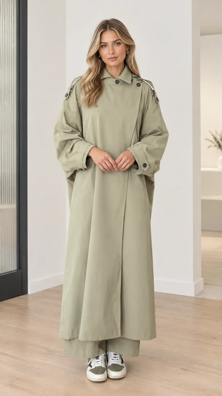 Women's Oversized Maxi Duster Trench Coat with Buttoned High Neck
