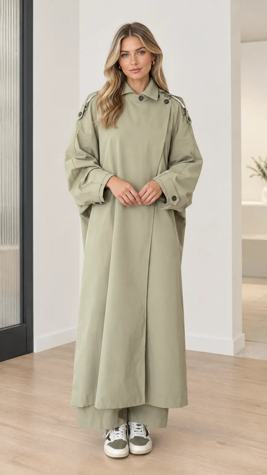 Women's Oversized Maxi Duster Trench Coat with Buttoned High Neck