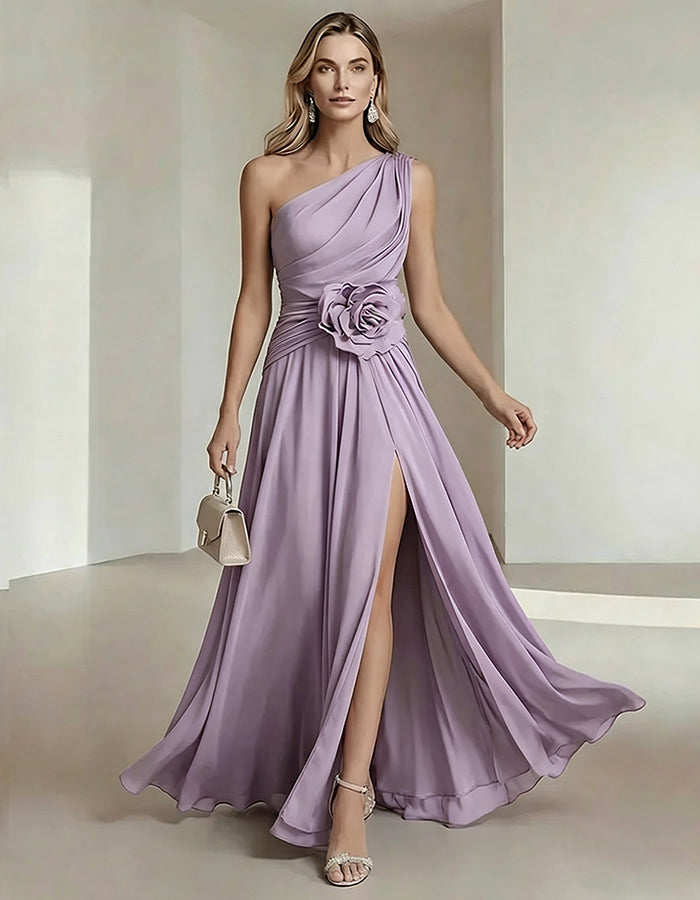 Solid Color One Shoulder Chiffon Dress With 3D Floral High Slit Maxi Dress