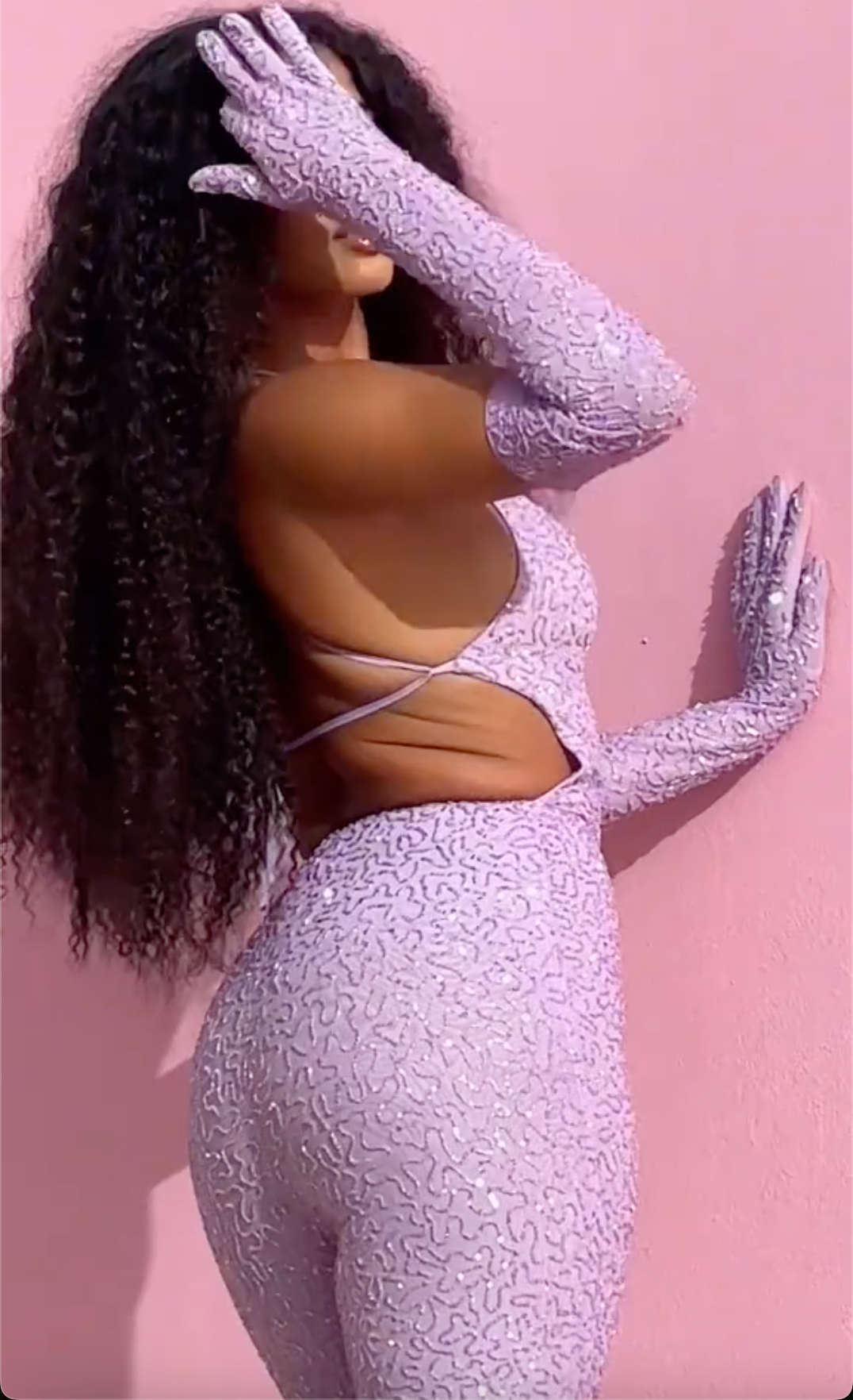 Lilac Textured Sequin Halter Open Back Flare Jumpsuit