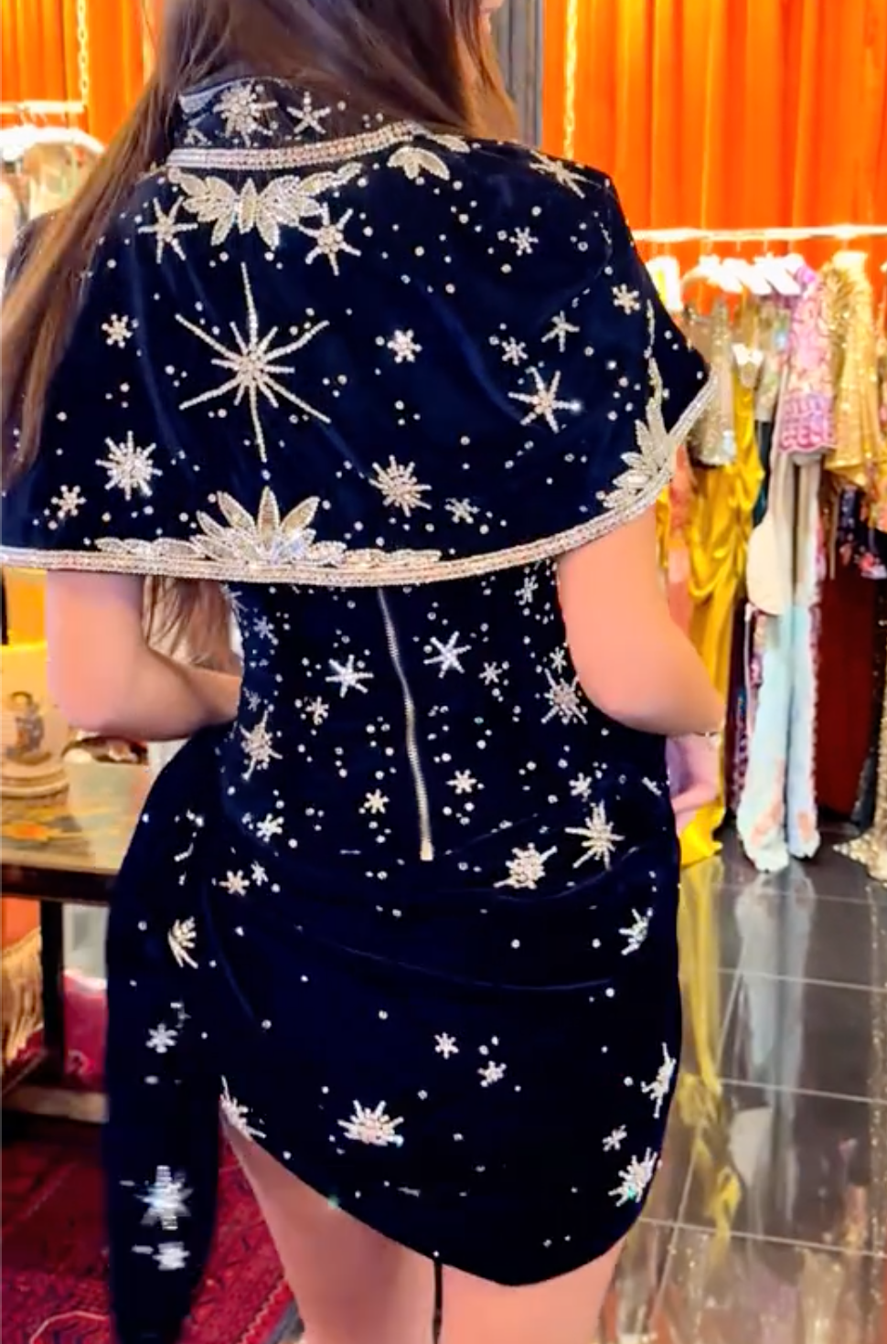Navy Velvet Starburst Beaded Qipao Mini/Maxi Dress with Capelet Detail
